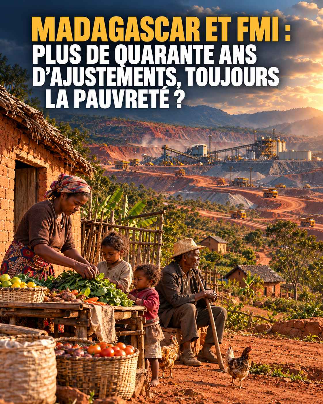Illustration conceptuelle d'une famille malgache devant un paysage minier à Madagascar, évoquant le contraste entre richesses naturelles et pauvreté persistante.