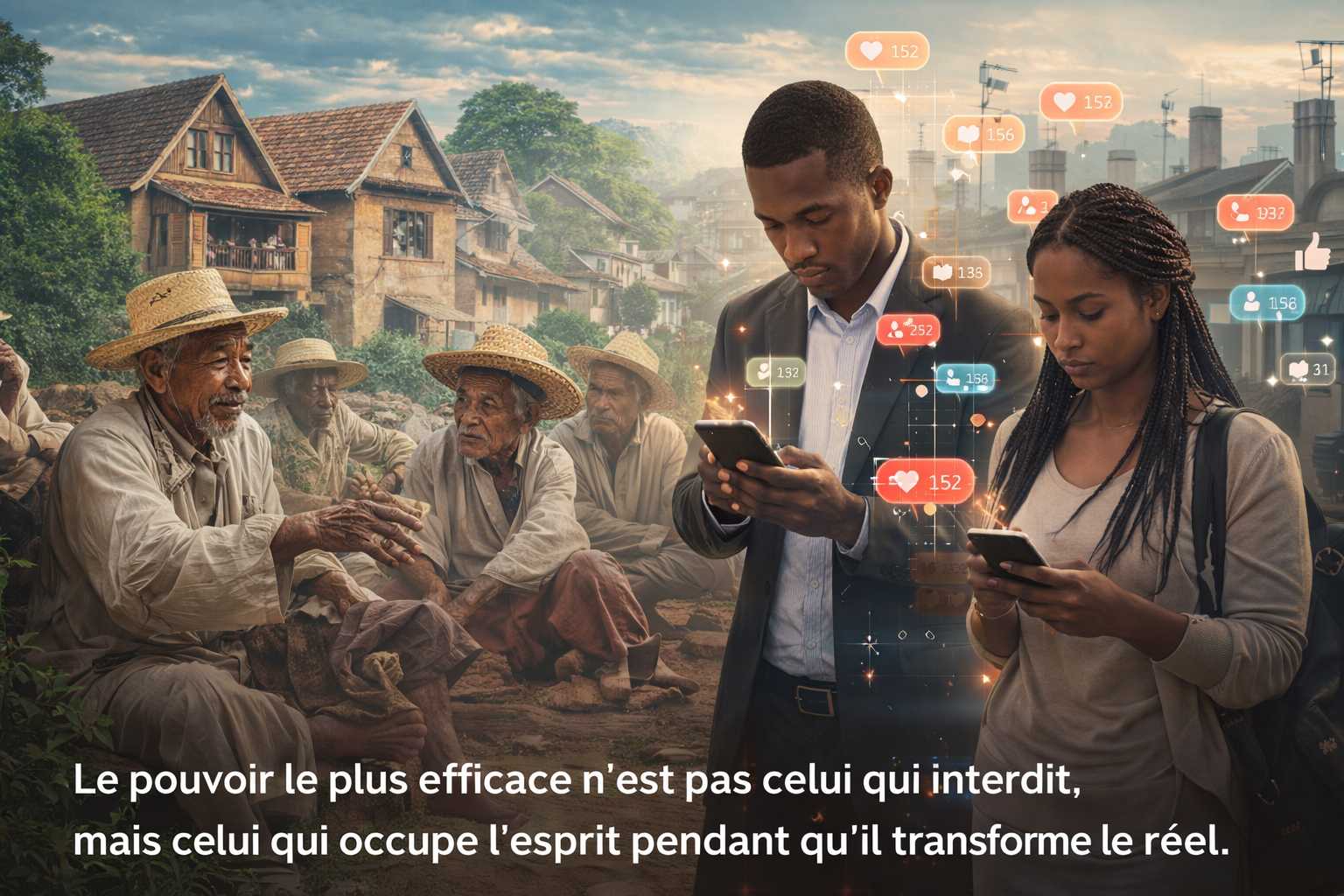 Scène symbolique à Madagascar opposant tradition communautaire et influence des réseaux sociaux sur la jeunesse.