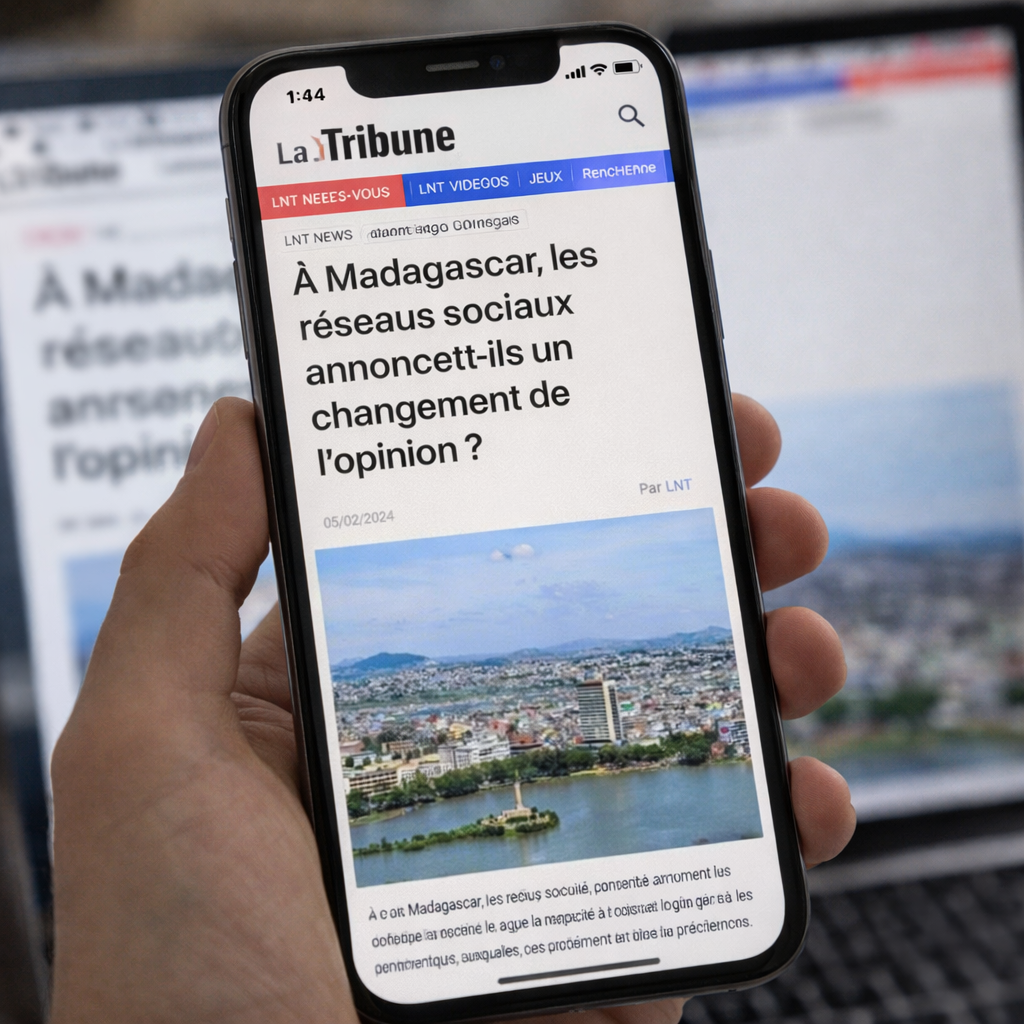 Capture de l’article « À Madagascar, les réseaux sociaux annoncent-ils un changement de l’opinion ? » publié par La Nouvelle Tribune, affichant le logo officiel et le menu de navigation du journal.