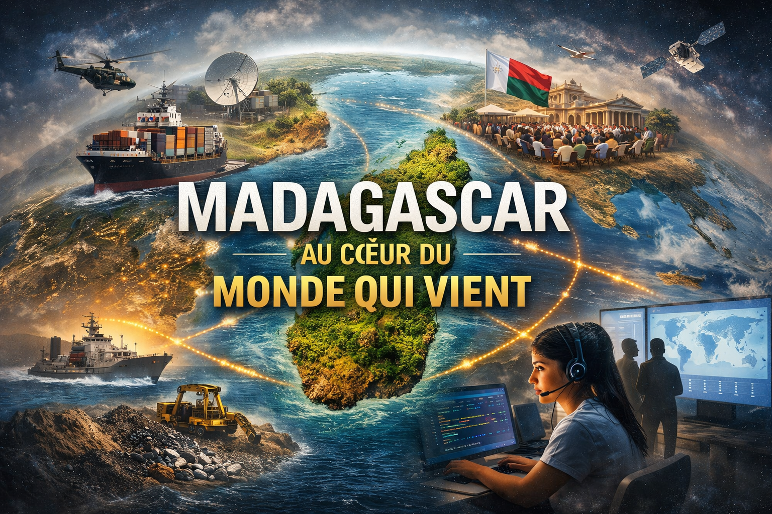 Illustration géopolitique montrant Madagascar au cœur de l’océan Indien, entre routes maritimes, ressources stratégiques et enjeux de développement dans un monde multipolaire.