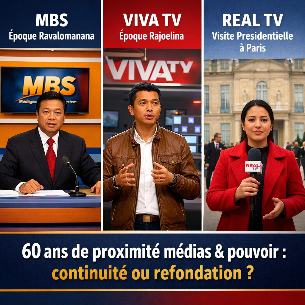 Triptyque illustrant MBS époque Ravalomanana, Viva TV époque Rajoelina et Real TV lors d’une visite présidentielle à Paris, avec le message : 60 ans de proximité médias et pouvoir, continuité ou refondation.