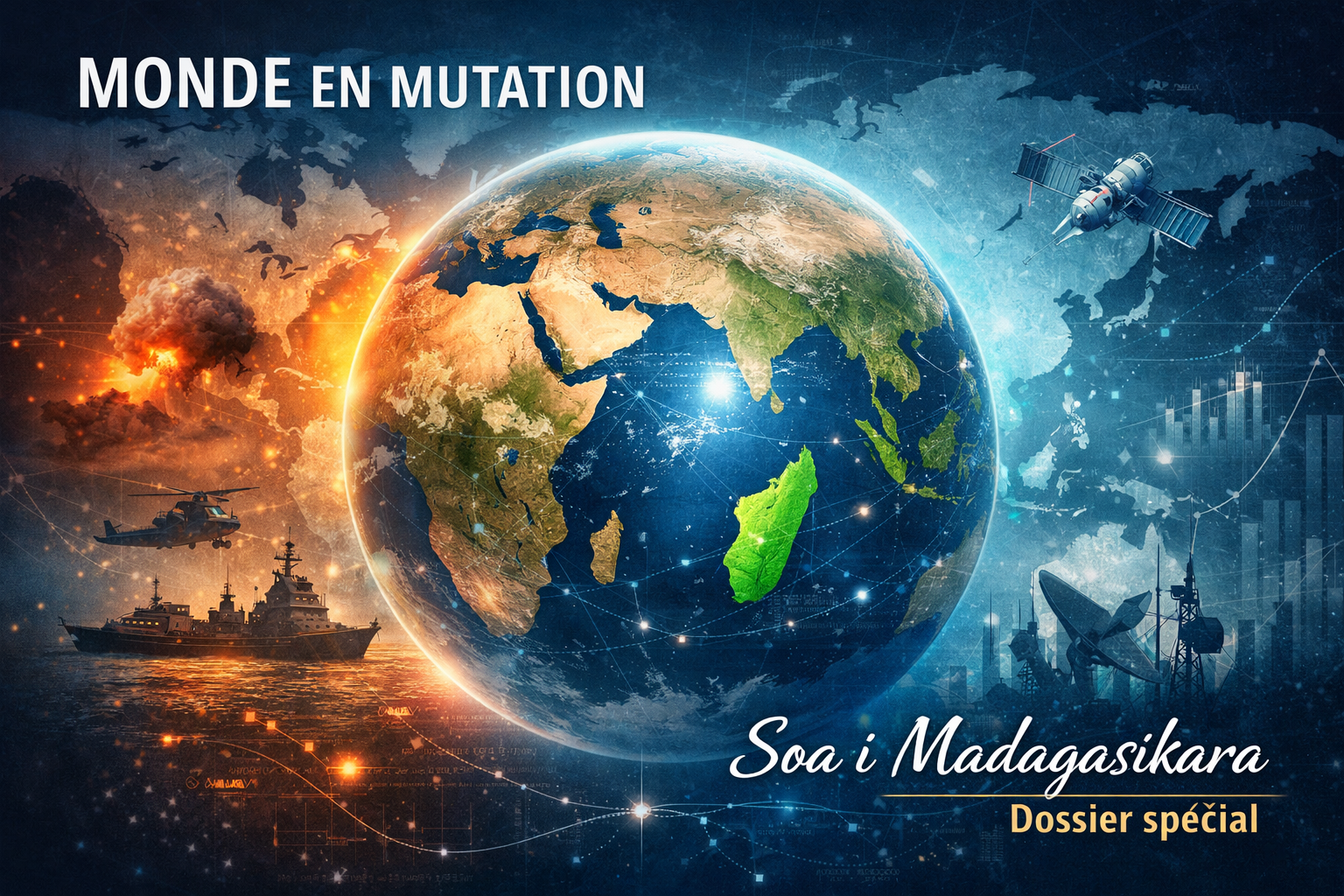 Carte stylisée du monde et de l’océan Indien, symbolisant la bataille de l’information et les nouveaux équilibres géopolitiques autour de Madagascar