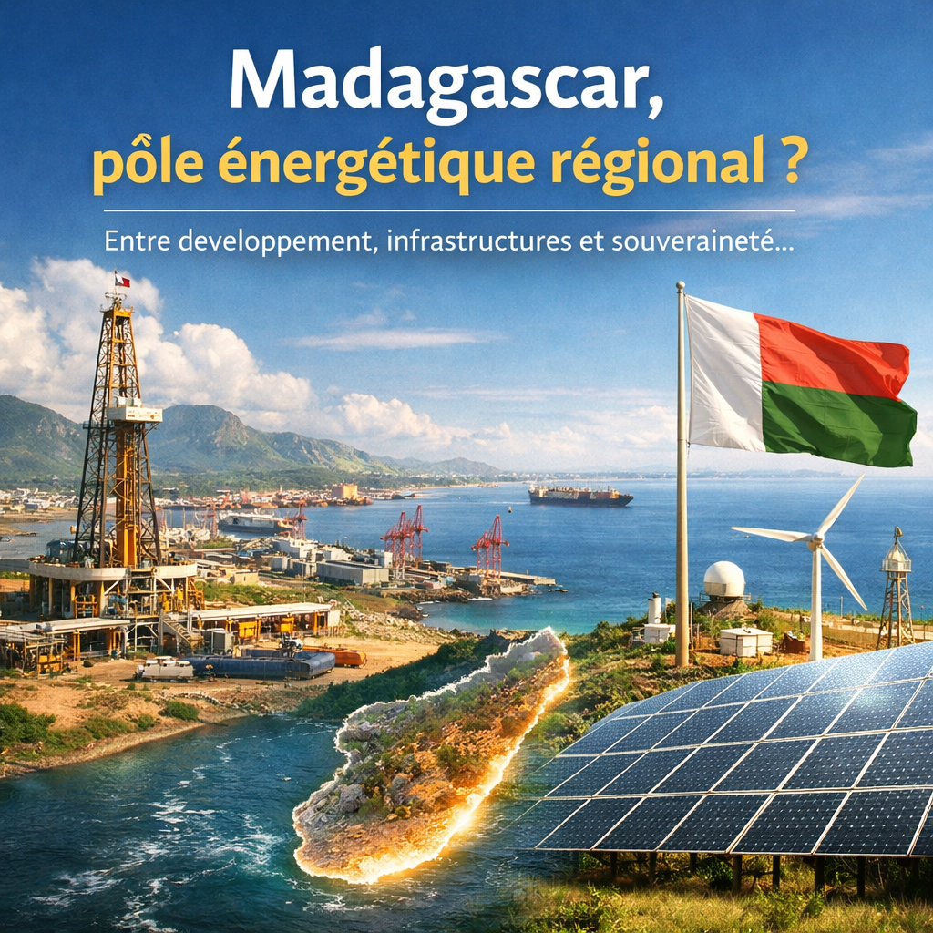 Illustration réaliste de Madagascar comme futur pôle énergétique régional avec enjeux d’infrastructures, de souveraineté et de développement dans l’océan Indien