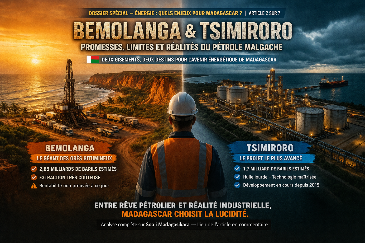 Illustration réaliste de Bemolanga et Tsimiroro à Madagascar montrant les enjeux du pétrole malgache entre potentiel, contraintes techniques et stratégie nationale