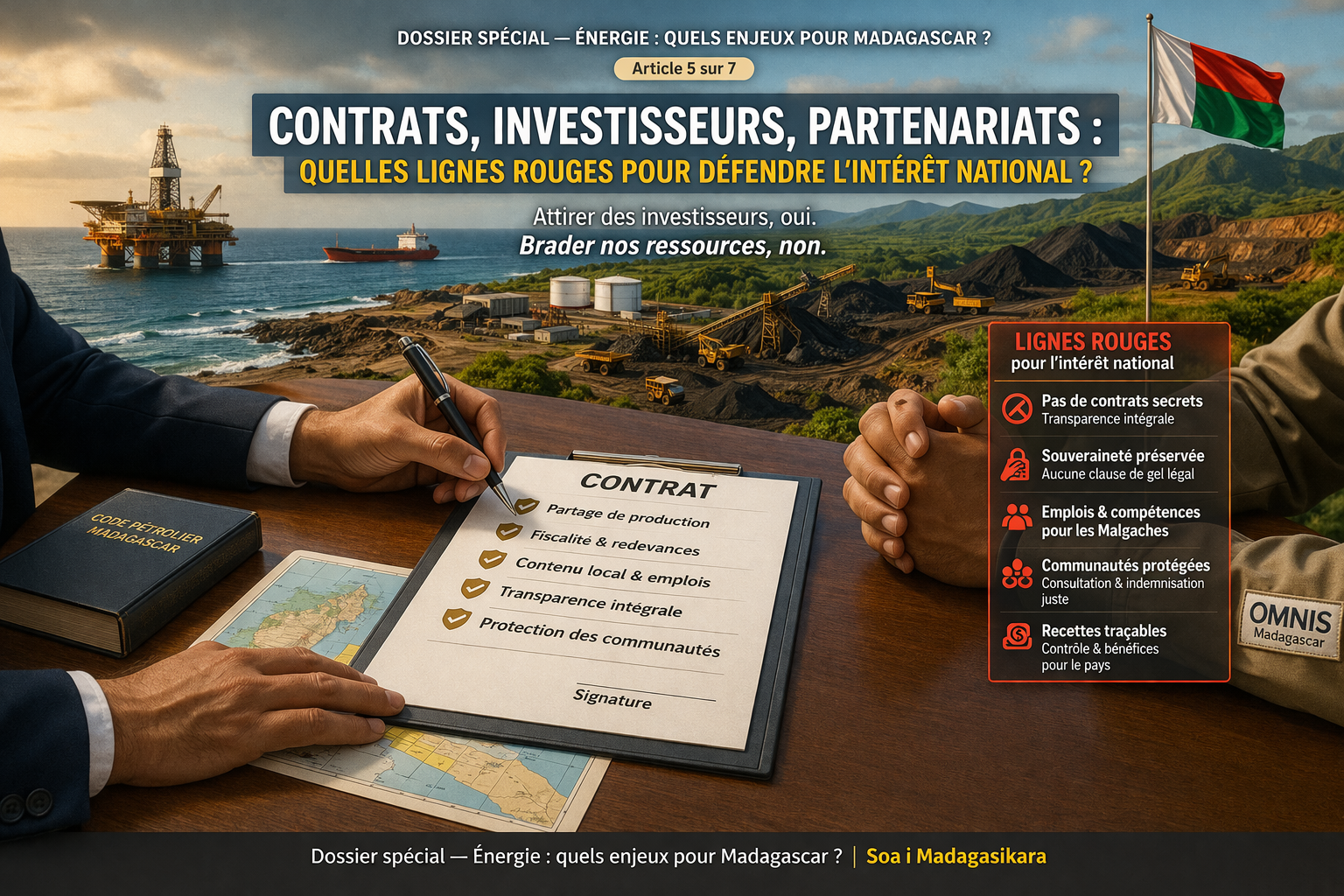 Illustration réaliste des contrats, investisseurs et partenariats à Madagascar avec les enjeux de transparence, souveraineté et défense de l’intérêt national