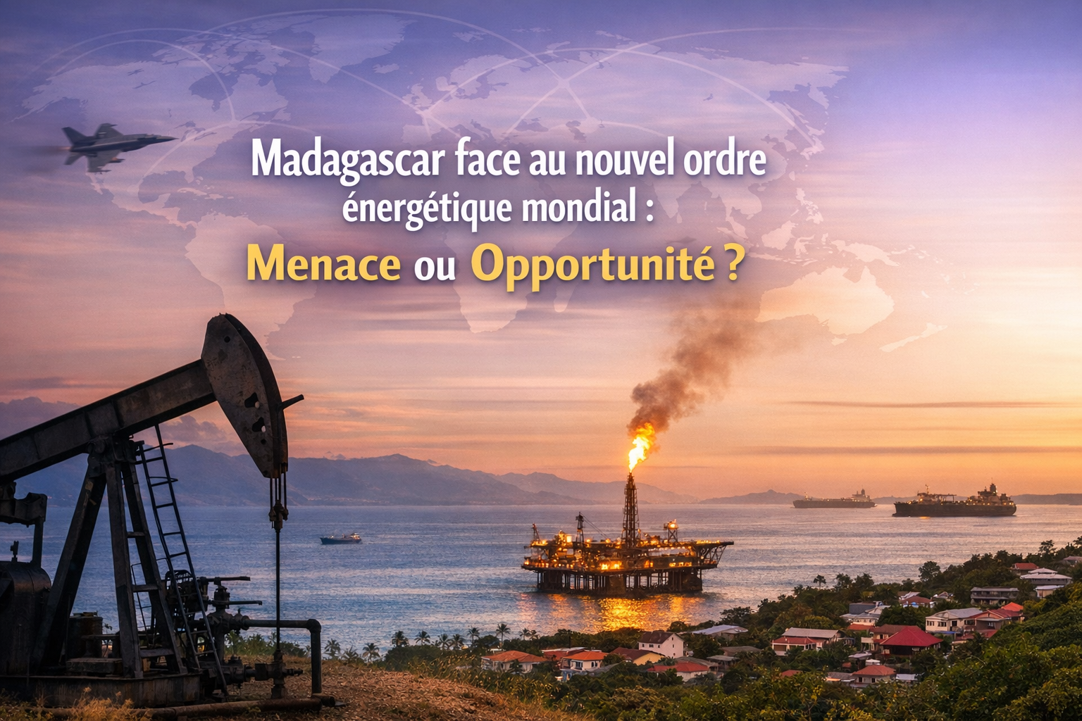 Illustration réaliste de Madagascar dans le nouvel ordre énergétique mondial avec plateformes pétrolières, routes maritimes et enjeux de souveraineté