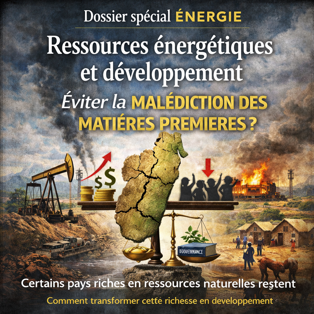 Illustration réaliste sur les ressources énergétiques à Madagascar et la malédiction des matières premières, entre gouvernance, développement et souveraineté