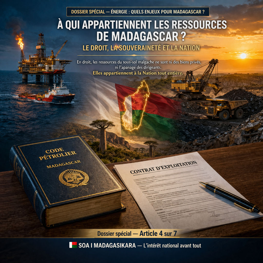 Illustration réaliste sur les ressources de Madagascar, le droit, la souveraineté nationale et la gouvernance du sous-sol malgache