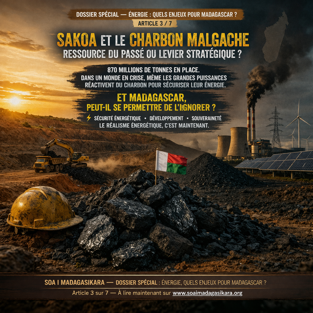 Illustration réaliste de Sakoa et du charbon malgache montrant les enjeux de sécurité énergétique, de transition et de souveraineté à Madagascar