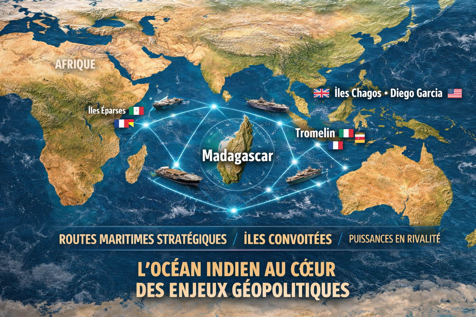 Carte ou vue stratégique de l’océan Indien montrant les routes maritimes, Madagascar et les îles litigieuses au cœur des rivalités géopolitiques contemporaines.