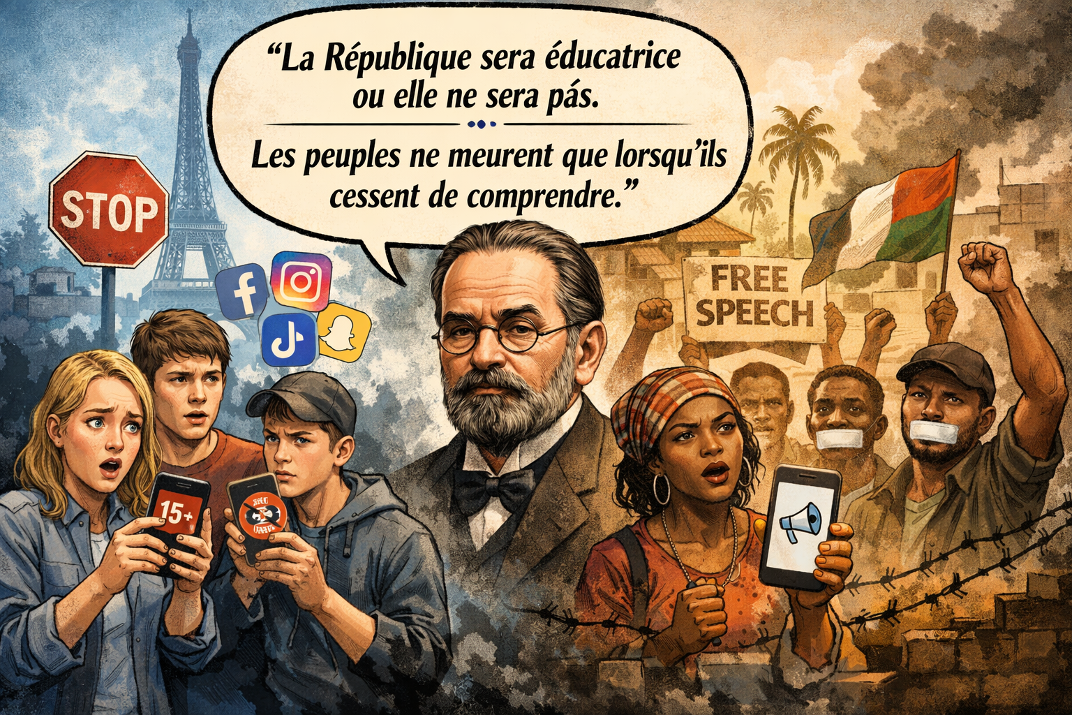 Illustration : Émile Zola et la liberté par l’éducation, jeunesse au Nord et citoyens au Sud face aux restrictions des réseaux sociaux