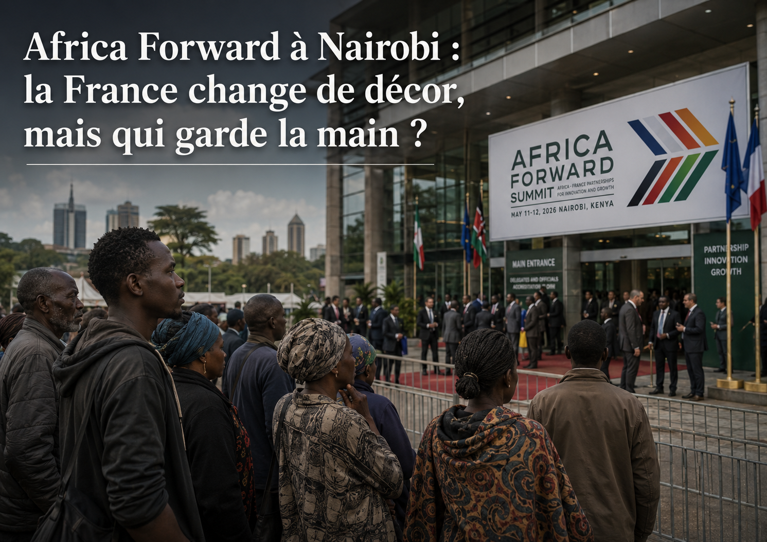 Alt image Joomla 6 : Illustration éditoriale du sommet Africa Forward à Nairobi montrant des citoyens africains face à un événement diplomatique Afrique-France, symbole du décalage entre discours de partenariat et souveraineté réelle.