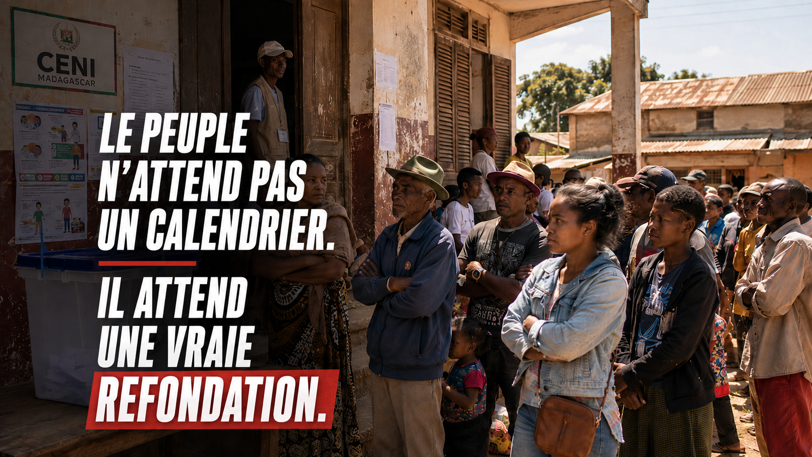 Citoyens malagasy devant un bureau de vote de la CENI, symbole de l’attente du peuple face au référendum 2027 et à la Refondation de Madagascar