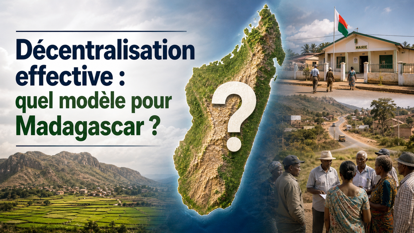 Carte de Madagascar avec un point d’interrogation illustrant le débat sur la décentralisation effective, l’autonomie des régions et la solidarité nationale entre les territoires malagasy