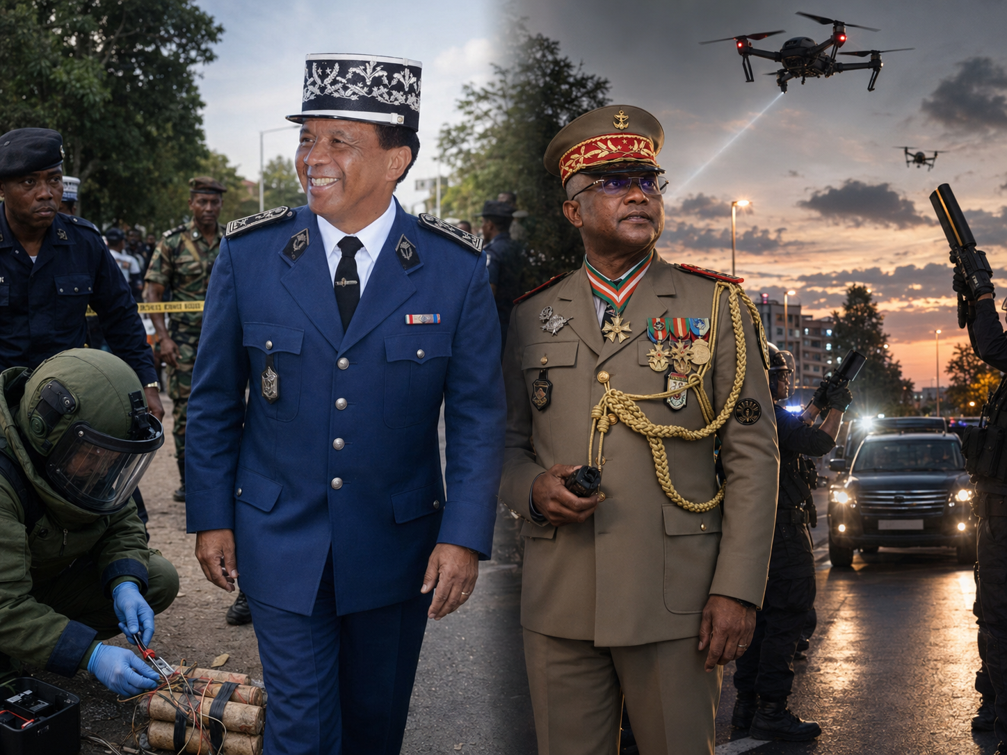 Illustration éditoriale sur Madagascar, de Jeneraly Bomba en 2009 à Jeneraly Drone en 2026, dénonçant le cycle des transitions politiques sans véritable refondation.