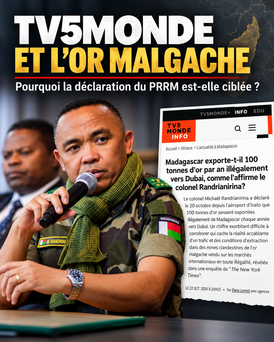 Michaël Randrianirina en conférence à Madagascar, avec un extrait de l’article de TV5MONDE sur les 100 tonnes d’or exportées illégalement vers Dubaï.