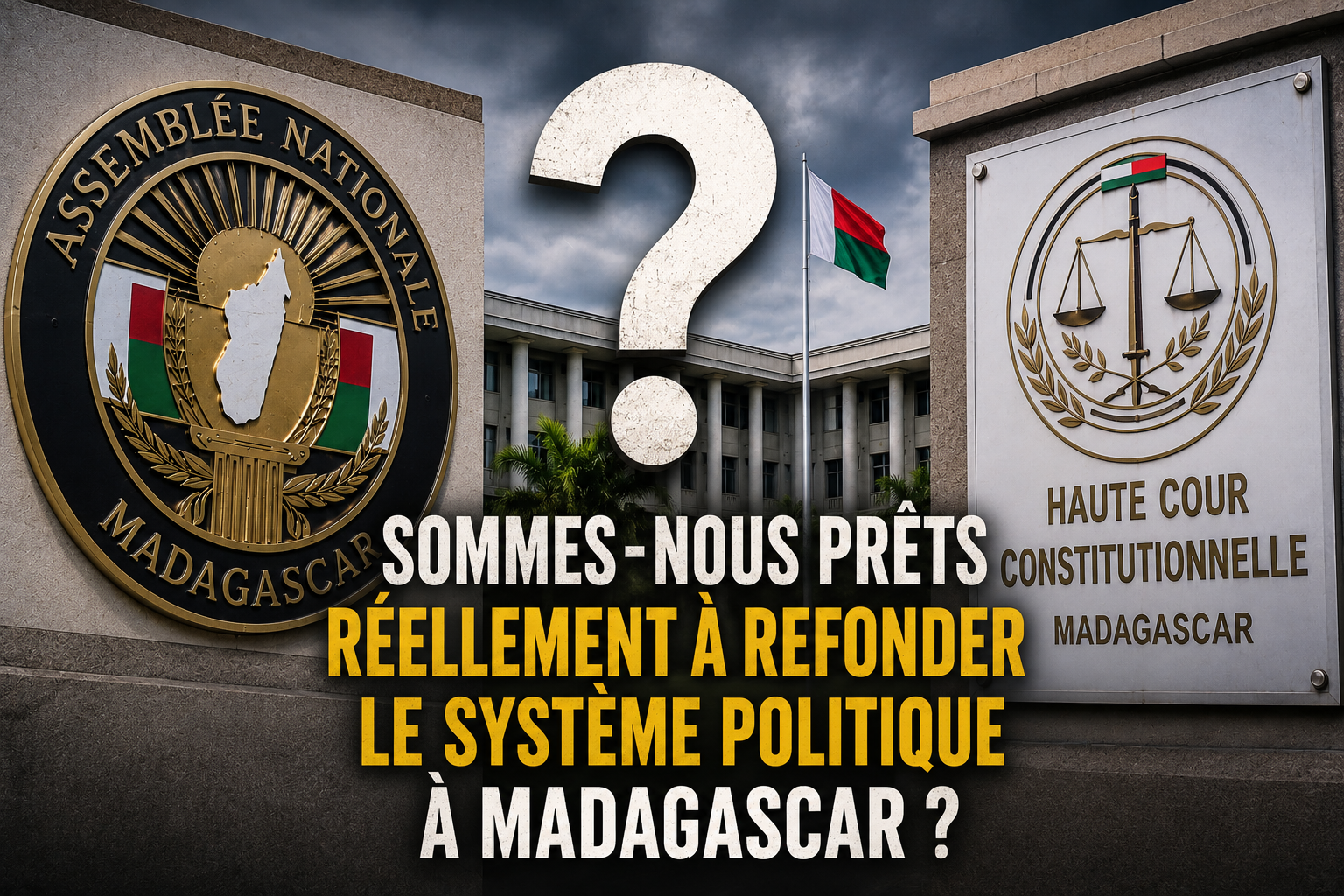Illustration éditoriale sur la Refondation à Madagascar avec les logos de l’Assemblée nationale et de la Haute Cour Constitutionnelle autour d’un point d’interrogation sur l’avenir du système politique malgache